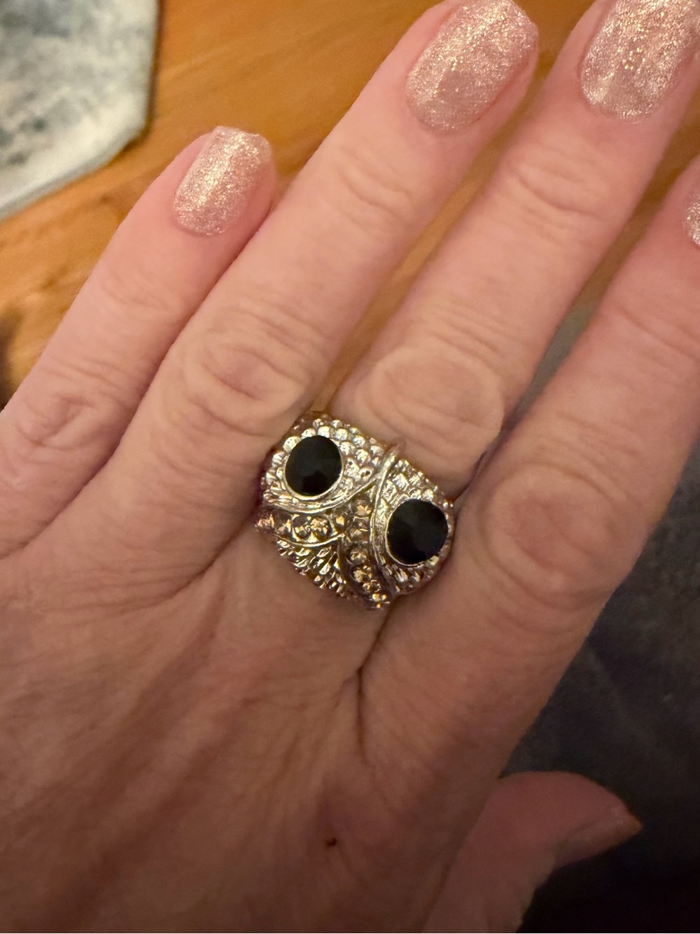 Gold-Tone Owl Statement Ring with Black Stones - Women Jewelry